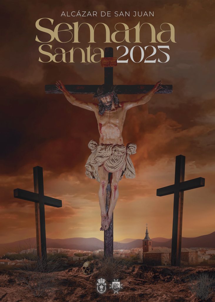Cartel oficial de Semana Santa 2025, diseñado por Ecuador Cortes Huertas, con un diseño que refleja la tradición y la solemnidad de la celebración.