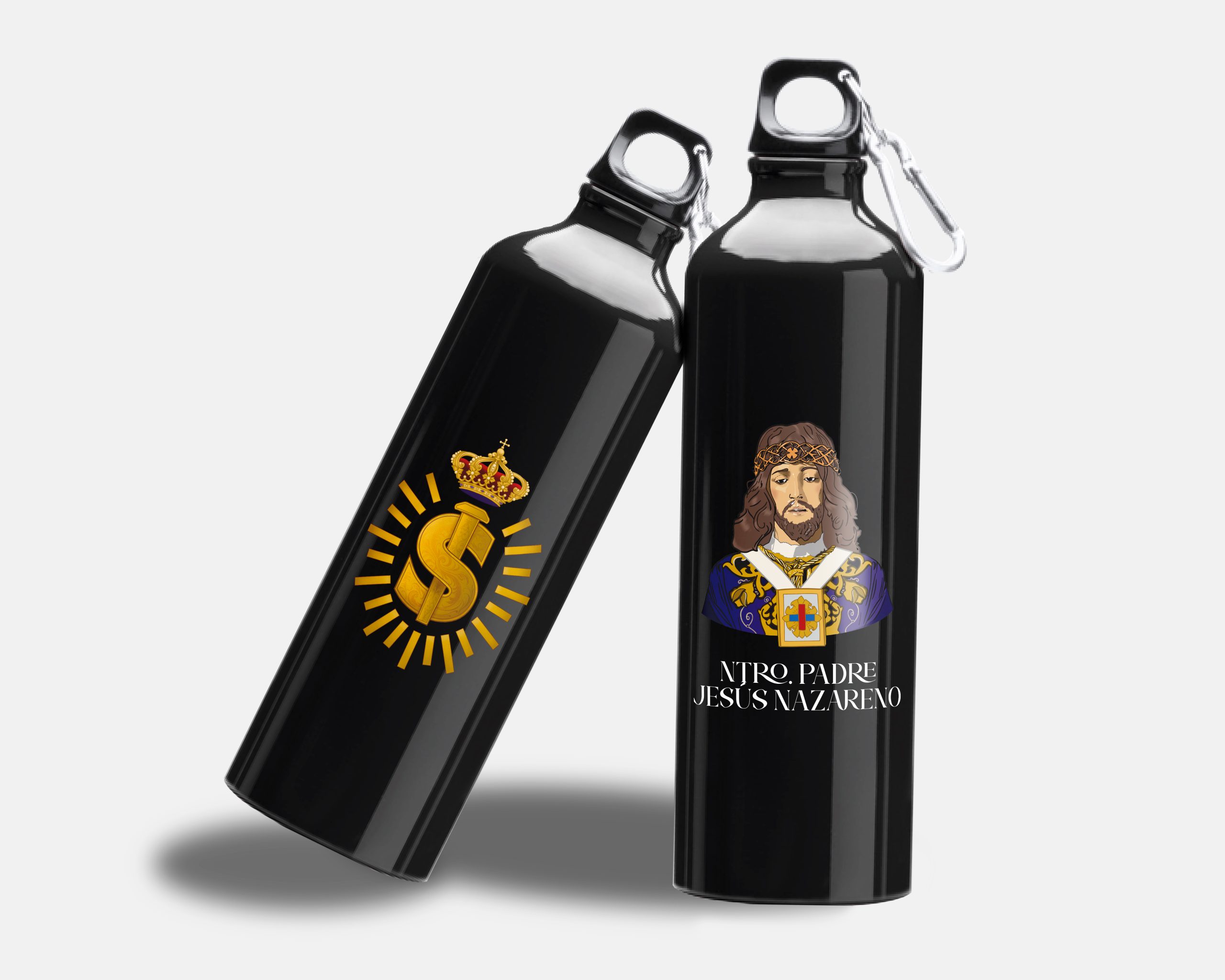 Botellas personalizadas con la imagen de Nuestro Padre Jesús Nazareno, diseño exclusivo de Ikonox Marketing Digital.
