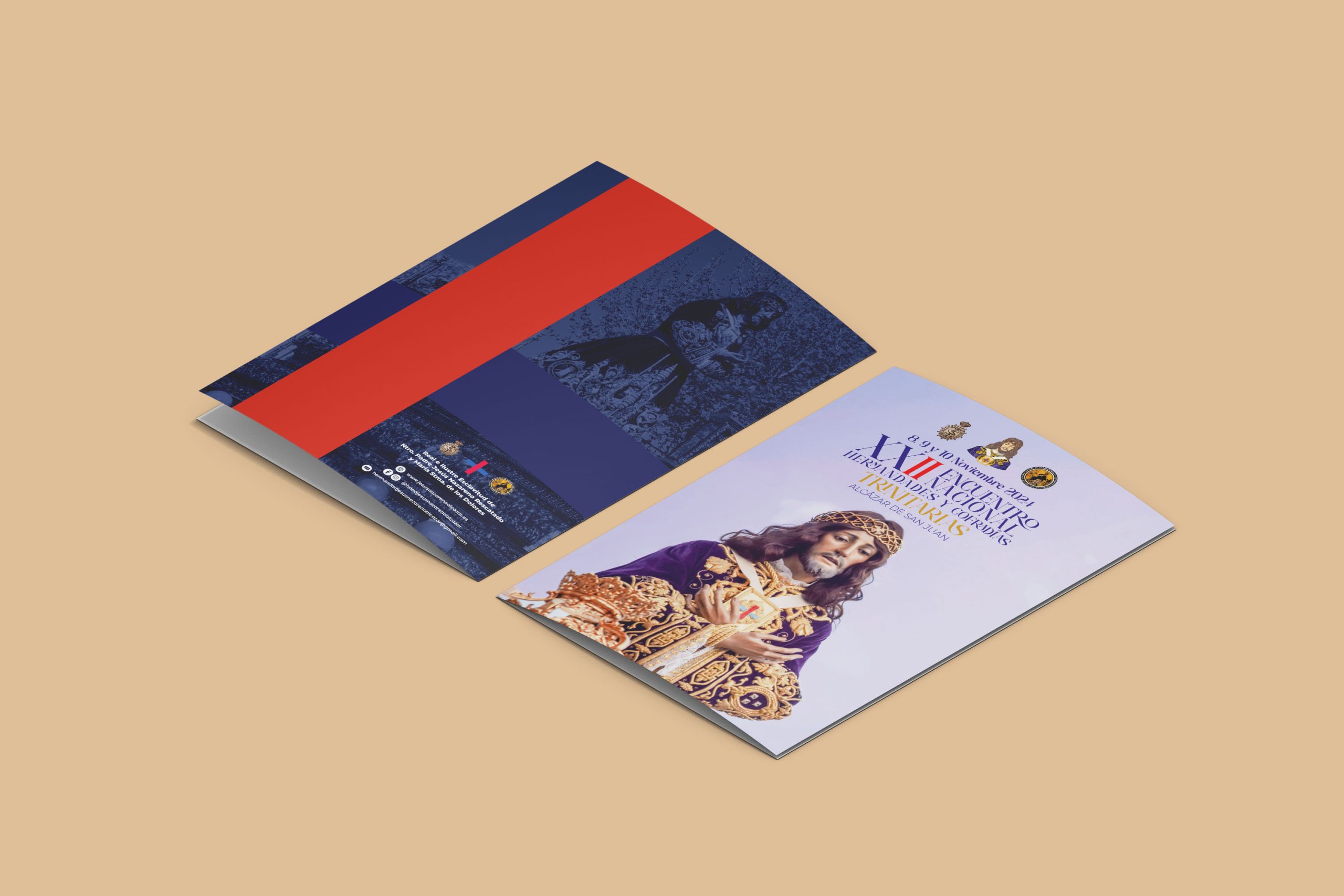 Carpeta diseñada por Ikonox Marketing Digital para el Encuentro Nacional de Hermandades y Cofradías Trinitarias, con un diseño que resalta la tradición y la devoción trinitaria.