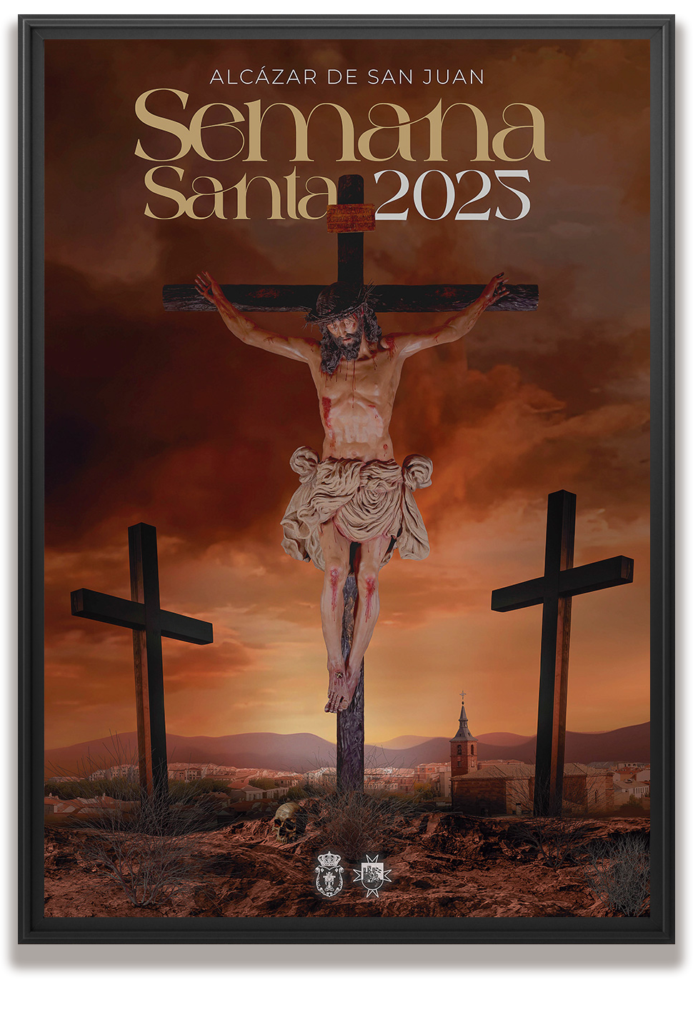Cartel de la Semana Santa 2025 en Alcázar de San Juan, diseñado por Ikonox Marketing Digital, con toda la programación del evento.