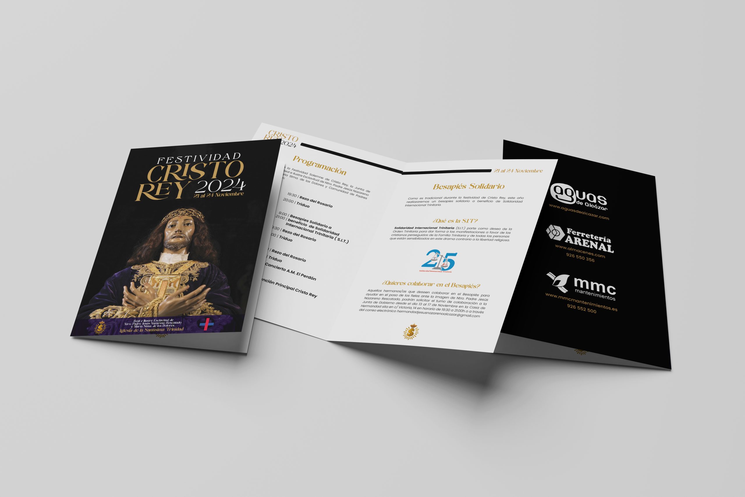 Díptico diseñado por Ikonox Marketing Digital para la festividad de Cristo Rey 2024, con un diseño que refleja la solemnidad y la devoción de esta importante celebración cristiana.